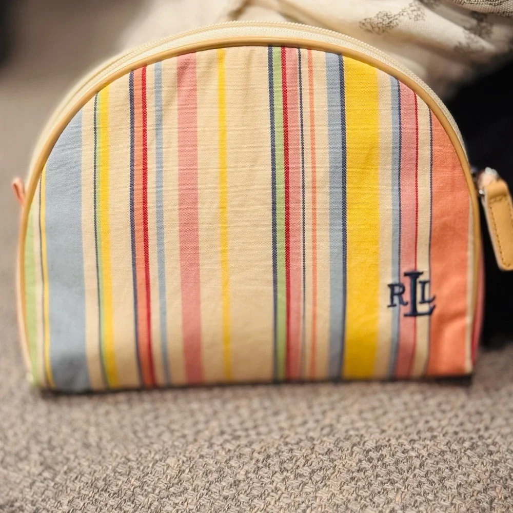 RALPH LAUREN VINTAGE COSMETIC BAG PASTEL‎ STRIPED SIZE 6” Height by 7.6” wide